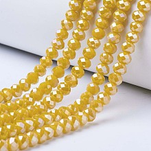 Honeyhandy Electroplate Glass Beads Strands, Opaque Solid Color, AB Color Plated, Faceted, Rondelle, Gold, 4x3mm, Hole: 0.4mm, about 130pcs/strand, 16.54 inch(42cm)