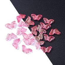 Honeyhandy Electroplate Transparent Glass Beads, with Glitter Powder, Butterfly, Hot Pink, 14.5x8x3.5mm, Hole: 0.8mm