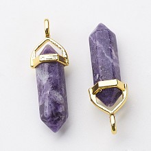 Honeyhandy Natural Charoite Pointed Pendants, with Random Alloy Pendant Hexagon Bead Cap Bails, Golden, Bullet, 37~40x12.5x10mm, Hole: 3x4.5mm