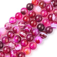 Honeyhandy Natural Striped Agate/Banded Agate Bead Strands, Round, Grade A, Dyed & Heated, Deep Pink, 8mm, Hole: 1mm, about 47pcs/strand, 15 inch