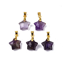 Honeyhandy Natural Amethyst Charms, with Golden Plated Brass Findings, Faceted Star, Star: 12x12.5x5.5mm, Hole: 3.5x4mm