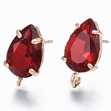 Honeyhandy Brass Stud Earring Findings, with Transparent Glass and Loop, Long-Lasting Plated, Teardrop, Light Gold, Dark Red, 14x8.5mm, Hole: 1.2mm, Pin: 0.7mm