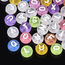 Honeyhandy Transparent Acrylic Beads, Horizontal Hole, Flat Round with Letter, Mixed Color, 7x3.5mm, Hole: 1.2mm