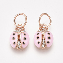 Honeyhandy Alloy Charms, with Rhinestone and Enamel, Ladybug, Pink, Crystal, Rose Gold, 14.5x10x4mm, Hole: 6mm