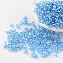 Honeyhandy Round Glass Seed Beads, Trans. Colours Lustered, Light Cyan, Size: about 4mm in diameter, hole: 1.5mm, about 496pcs/50g