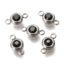 Honeyhandy 304 Stainless Steel Rhinestone Links Connectors, Flat Round, Stainless Steel Color, Jet, 12x6.5x4mm, Hole: 2mm