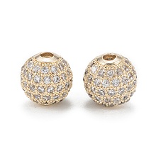 Brass Micro Pave Clear Cubic Zirconia Beads, Long-Lasting Plated, Round, Real 14K Gold Plated, 10mm, Hole: 2mm