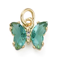 Honeyhandy Brass Micro Pave Clear Cubic Zirconia Pendant, with Glass, Butterfly, Golden, Teal, 12.5mm