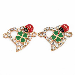 Honeyhandy Alloy Links Connectors, with Enamel and Crystal Rhinestone, Light Gold, Heart with Ladybird, Sea Green, 18x23x3mm, Hole: 1.8mm