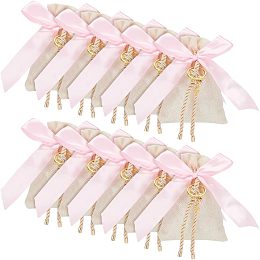 NBEADS 10 Pcs Drawstring Gift Bags, Peru Imitation Burlap Bags Polyester Jewelry Pouch with Pink Bowknot and Cross Pendant for Christmas Party Wedding Favors Bags, 5.43×3.74 Inch