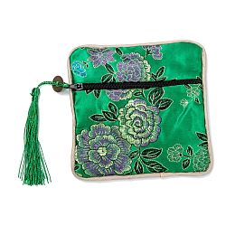 Honeyhandy Chinese Brocade Tassel Zipper Jewelry Bag Gift Pouch, Square with Flower Pattern, Green, 11.5~11.8x11.5~11.8x0.4~0.5cm