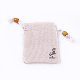 Honeyhandy Burlap Packing Pouches, Drawstring Bags, with Wood Beads, Antique White, 10~10.1x8.2~8.3cm