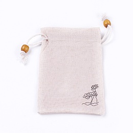 Honeyhandy Burlap Packing Pouches, Drawstring Bags, with Wood Beads, Antique White, 14.6~14.8x10.2~10.3cm