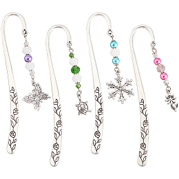 OLYCRAFT 4 Pcs Hook Alloy Bookmarks Glass Beaded Bookmarks Antique Silver Metal Bookmarks Vintage Bookmarks with Butterfly/Flower/Tortoise/Snowflake Pendant for Book Lovers - About 6.5 inch