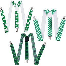 CHGCRAFT 3Pcs 3Style St Patrick’s Day Suspenders Adjustable Green Suspenders Polyester Y-Shaped Heavy Duty Suspenders with 3 Iron Clips for St. Patrick's Day Irish Festival Cosplay Party