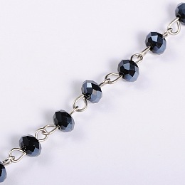 Honeyhandy Handmade Rondelle Glass Beads Chains for Necklaces Bracelets Making, with Platinum Iron Eye Pin, Unwelded, Black, 39.3 inch, Beads: 6x4.5mm