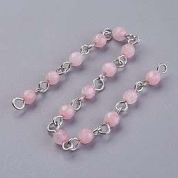 Honeyhandy Handmade Natural Rose Quartz Beads Chains, Unwelded, with Iron Eye Pin, Round, Faceted, Platinum, 12~12.5x4~4.5mm, about 39.37 inch(1m)/strand