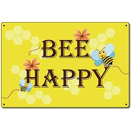 CREATCABIN Bee Happy Metal Tin Signs Vintage Iron Painting Retro Plaque Poster for Home Kitchen Wall Bar Coffee Shop Decoration, 12 x 8 Inch