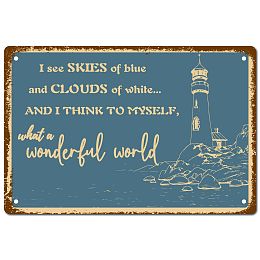 CREATCABIN Lighthouse Beach Wonderful World Metal Tin Sign Blue Color Vintage Wall Decor House Plaque Poster for Home Farm Garden Kitchen Coffee Office Garage Decoration 12 x 8 Inch