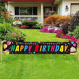 FINGERINSPIRE 118x20inch Birthday Banners with Hanging Rope Colorful Happy Birthday Words Party Supplies Black Rectangle Polyester Hanging Sign with Cake Gift Boxes Pattern for Outdoor & Indoor Decor