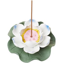 Porcelain Incense Burner Holder, Home Office Teahouse Zen Buddhist Supplies, Lotus & Lotus Leaf, Steel Blue, 88x90.5x33mm, Hole: 3.5mm