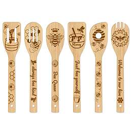 GLOBLELAND 6Pcs Bamboo Spoons & Knifes & Forks, Flatware for Dessert, Bees Pattern, 60x300mm, 6 style, 1pc/style, 6pcs/set