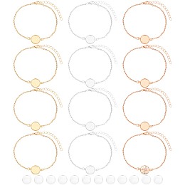 12Pcs 3 Color Blank Dome Flat Round Glass Link Bracelets Set, 304 Stainless Steel Cable Chains Stackable Bracelets for Women, Mixed Color, 7-3/4 inch(19.6cm), 4Pcs/color