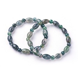 Honeyhandy Natural Moss Agate Beads Stretch Bracelets, Rice with Round, 2-1/4 inch(5.7cm)