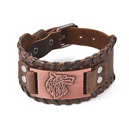 Honeyhandy Full Grain Leather Cord Bracelets, with Alloy Link and Watch Band Clasps, Rectangle with Wolf Head, Red Copper, 10-3/4 inch(27.3cm), 39x8mm