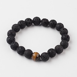 Honeyhandy Natural Lava Rock Beaded Stretch Bracelets, with Tiger Eye Beads, 54mm