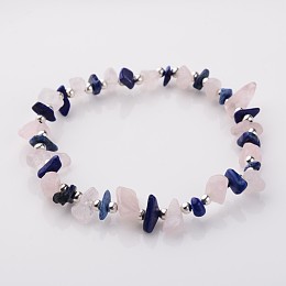 Honeyhandy Gemstone Stretch Bracelets, with Iron Findings, Silver Color Plated Natural Lapis Lazuli and Rose Quartz Beads, Blue and Pink, 55mm