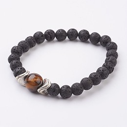 Honeyhandy Natural Lava Rock and Tiger Eye Stretch Bracelets, with Alloy Finding, Antique Silver, 2-1/4 inch(56mm)