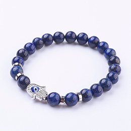 Honeyhandy Natural Lapis Lazuli(Dyed) Stretch Bracelets, with Tibetan Style Frame Links and Evil Eye Lampwork Round Bead, Hamsa Hand/Hand of Fatima/Hand of Miriam, 2-1/8 inch(54mm)