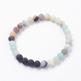 Honeyhandy Forsted Natural Amazonite Stretch Bracelets, with Natural Lava Rock Beads, 2-1/8 inch(55mm)