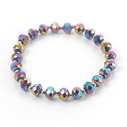 Honeyhandy Electroplate Glass Stretch Bracelets, with Brass Spacer Beads, Round, Multi-color Plated, 2-1/8 inch(5.3cm)