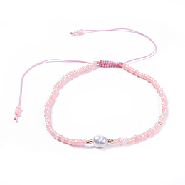 Honeyhandy Adjustable Nylon Thread Braided Beads Bracelets, with Glass Seed Beads and Grade A Natural Freshwater Pearls, Pink, 2-1/8 inch(5.3cm)