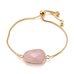 Honeyhandy Adjustable Brass Bolo Bracelets, Slider Bracelets, with Cubic Zirconia and Natural Rose Quartz Links, Oval, Golden, Inner Diameter: 2-3/4 inch(7.1cm)