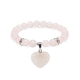 Honeyhandy Natural Rose Quartz Round Beaded Stretch Bracelet with Heart Charm, Gemstone Yoga for Women, Inner Diameter: 2 inch(4.95cm)