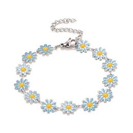 Honeyhandy Enamel Daisy Link Chains Bracelet, 304 Stainless Steel Jewelry for Women, Stainless Steel Color, Deep Sky Blue, 7-1/4 inch(18.4cm)