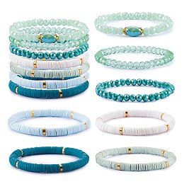 Honeyhandy 7Pcs 7 Style Handmade Polymer Clay Heishi Surfer Stretch Bracelets Set, Glass Beads Bracelets, Stackable Preppy Bracelets for Women, Green, Inner Diameter: 2-1/8 inch(5.3cm), 1Pc/style