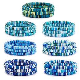 Handmade Polymer Clay Heishi Surfer Stretch Bracelets Set, Stackable Preppy Bracelets for Women, Deep Sky Blue, Inner Diameter: 2-1/8 inch(5.3cm), 21Pcs/set