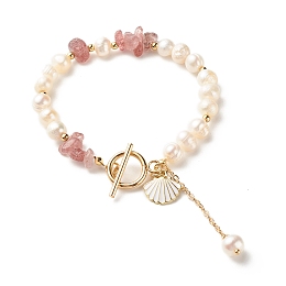 Honeyhandy Natural Strawberry Quartz Chip Beaded Bracelet, Natural Pearl Bracelet, Shell Shape and Chain Tassel Charm Bracelet for Women, Golden, 7-5/8 inch(19.5cm)