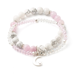 Honeyhandy Moon and Star Charm Multi-strand Bracelet, Natural Howlite & Kunzite Round Beads Bracelet, Sparkling Glass Beads Bracelet for Girl Women, Inner Diameter: 2-1/8 inch(5.4cm)