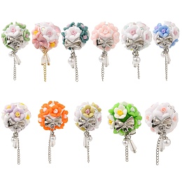 Luminous Glow in the Dark Polymer Clay Pave Rhinestone Round Beads with Resin Flower, Bowknot Beads with Chains Tassel, Mixed Color, 40mm, Hole: 1.8mm