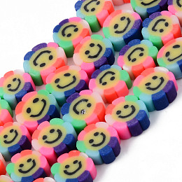 Honeyhandy Handmade Polymer Clay Beads Strands, for DIY Jewelry Crafts Supplies, Flower with Smiling Face, Colorful, 9~10x4mm, Hole: 1.5mm, about 38~40pcs/strand, 13.78 inch~14.8 inch(35~37.6cm)