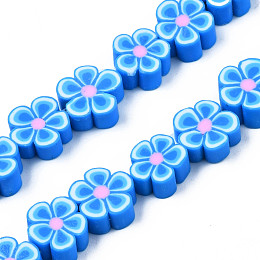 Honeyhandy Handmade Polymer Clay Bead Strands, Flower, Deep Sky Blue, 7.5~10x7~11x3.5~5mm, Hole: 1.6mm, about 38~40pcs/strand, 13.58 inch~14.57 inch(34.5~37cm)