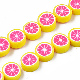 Honeyhandy Handmade Polymer Clay Bead Strands, Lemon Slice, Hot Pink, 8~10x3.5~4.5mm, Hole: 1.6mm, about 38~40pcs/strand, 13.98 inch~15.55 inch(35.5~38cm)