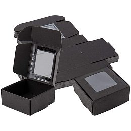 BENECREAT 30 Packs 2.5x2.5x1.2 Inches Square Black Kraft Paper Boxes with Clear Windows for Party Favor Treats, Bakery, and Jewelry Packaging