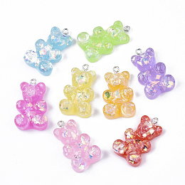 Honeyhandy Transparent Resin Pendants, with Shell Chip & Iron Loop, Hologram Style, Platinum, Bear, Mixed Color, 32x19x8~9mm, Hole: 2mm