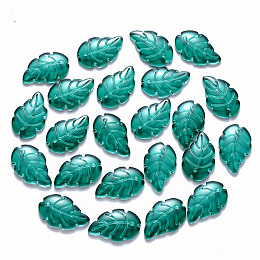 Honeyhandy Transparent Baking Painted Glass Pendants, Leaf, Dark Green, 23.5x15x3.5mm, Hole: 1.5mm